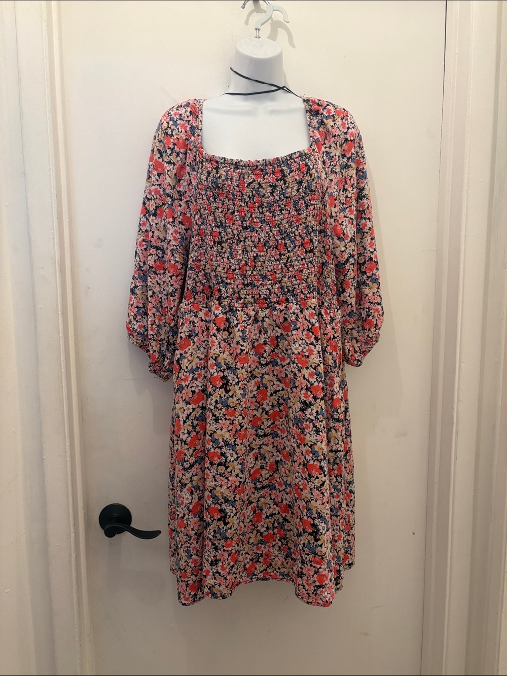 Terra Sky cottage core  square-neckFloral Smocked  Midi Dress in Coral size 2x